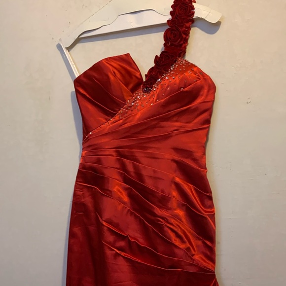 Flirt by Maggie Sottero Red Rose One Shoulder Ruched Prom Dress Size 10 - Picture 1 of 10